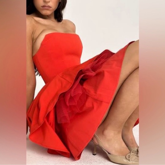 House of CB Emmanuela Italian Tomato Red Strapless Pleated Mini Dress (Small) - Picture 5 of 5